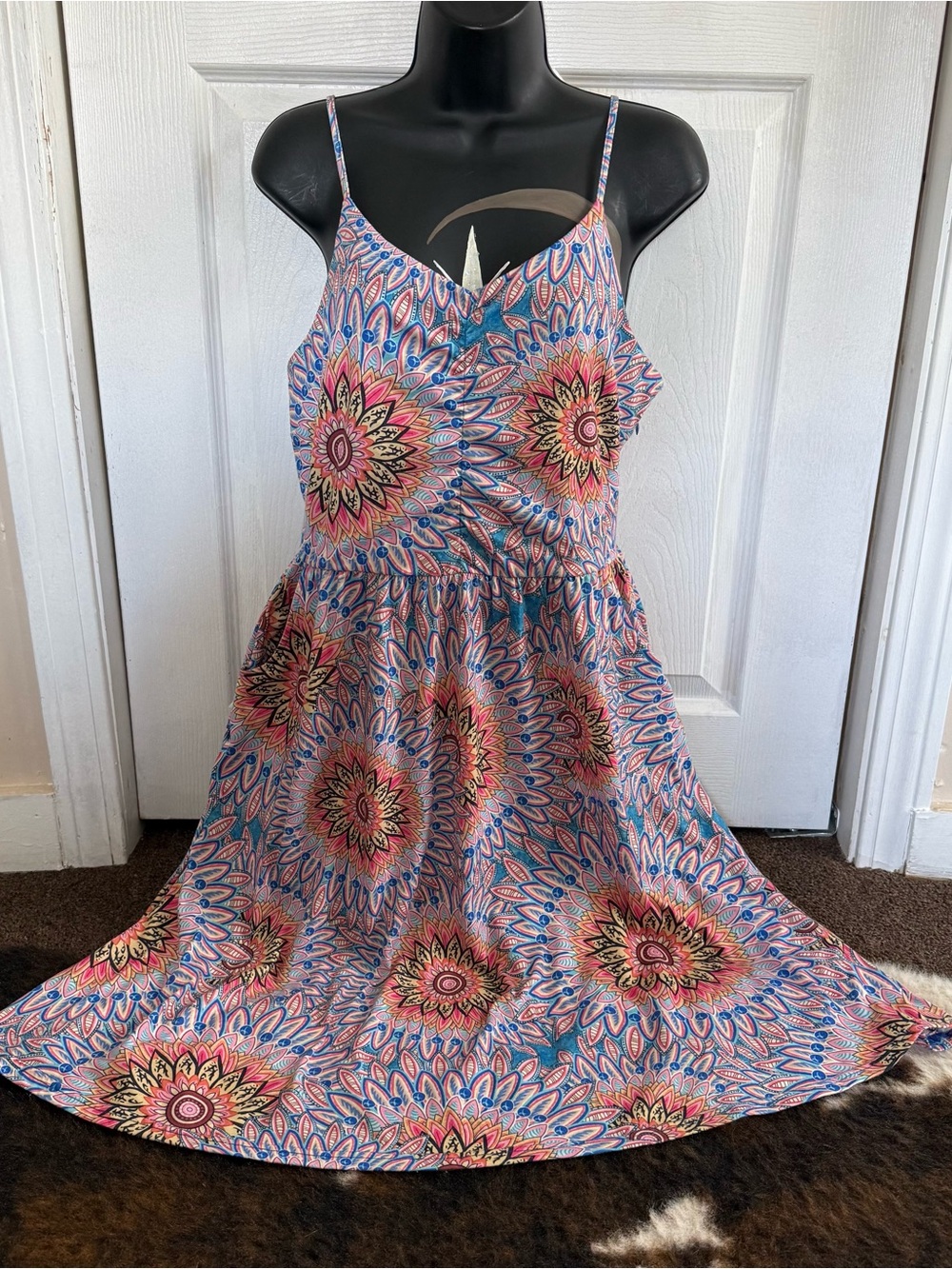 Sleeveless Floral Sunburst Print Sundress - Pink & Blue